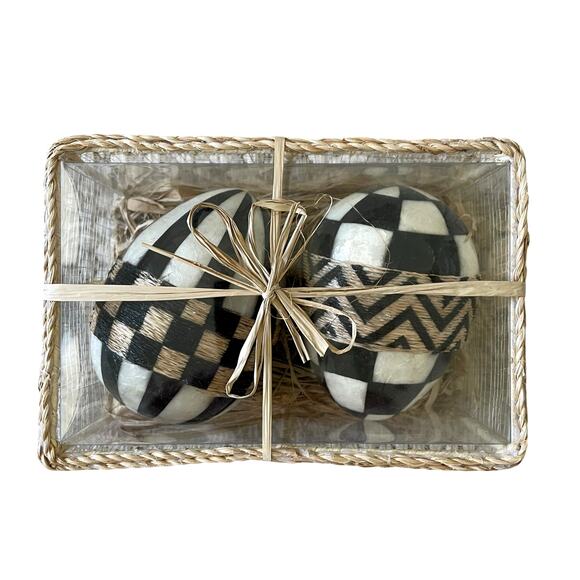 NEW MacKenzie-Childs Woodland Capiz Easter Eggs Set 2 Courtly Check & Stripes - Picture 2 of 5